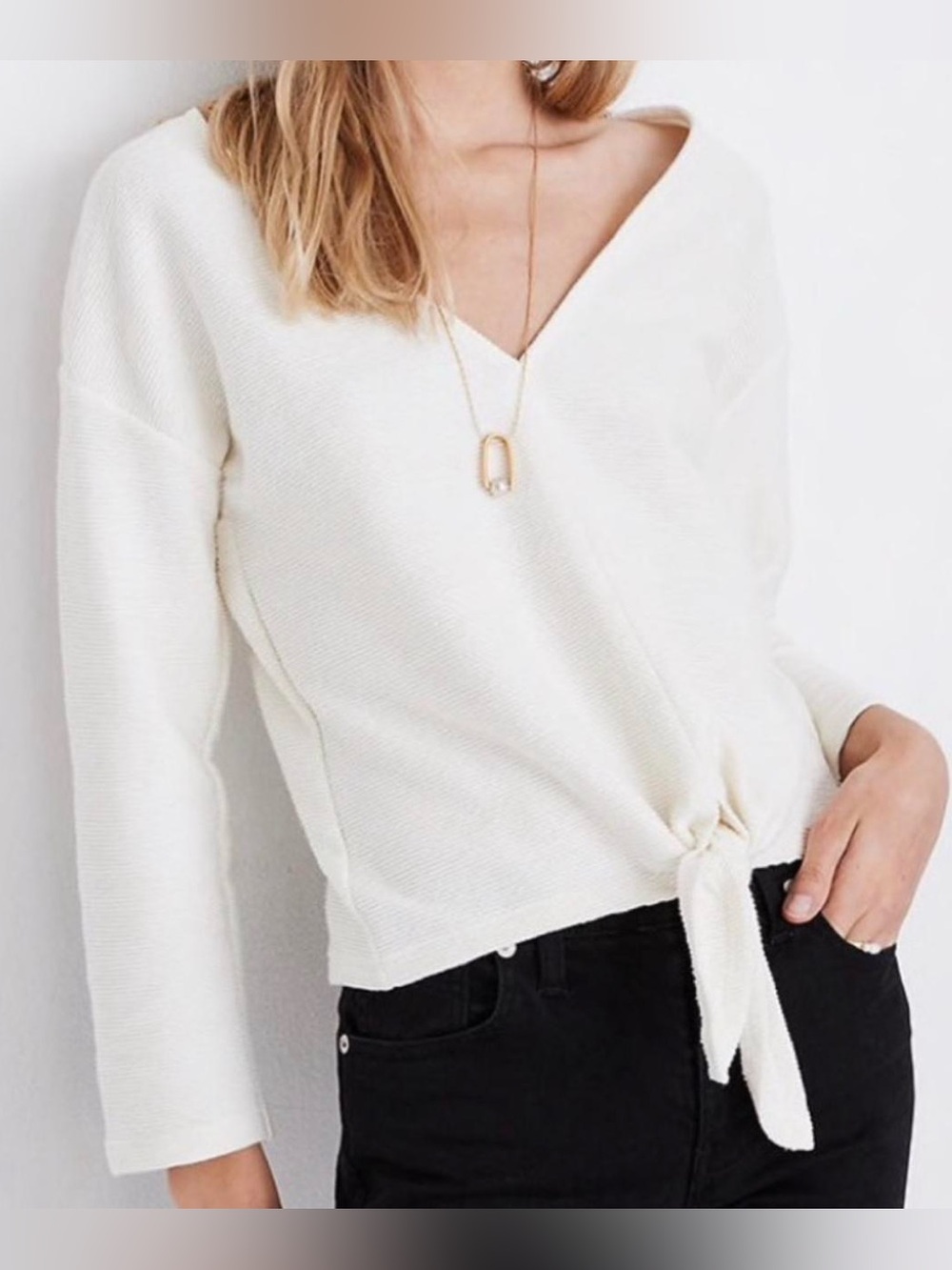 Madewell White Textured V Neck Knit Long Sleeve Tie Waist Top Sz S Minimalist